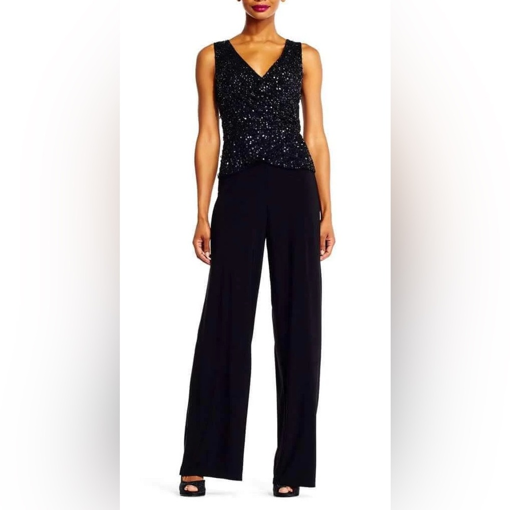 NEW Adrianna Papell Beaded Jersey Wide Leg Jumpsuit in Black Women's Size 2P